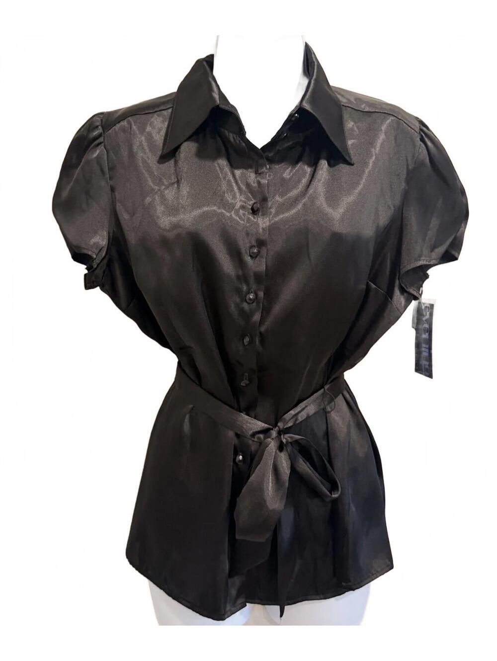MSK Black Satin Button Front Belted Puff Sleeve Blouse Size L